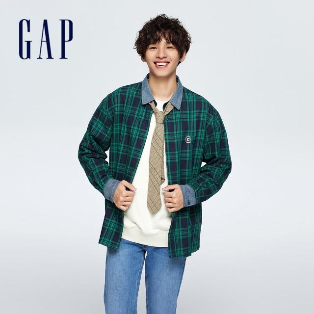 【GAP】男女同款 Logo純棉翻領長袖襯衫-綠色格子(877589)