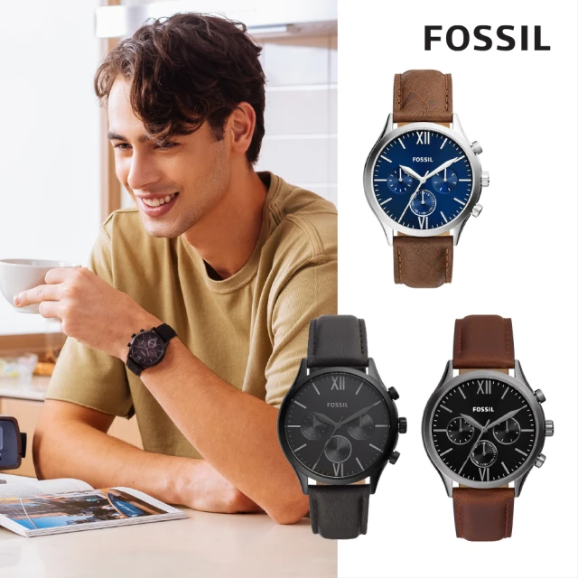 FOSSIL 官方旗艦館 Fenmore系列經典三眼手錶 皮革錶帶 44MM(多款可選)