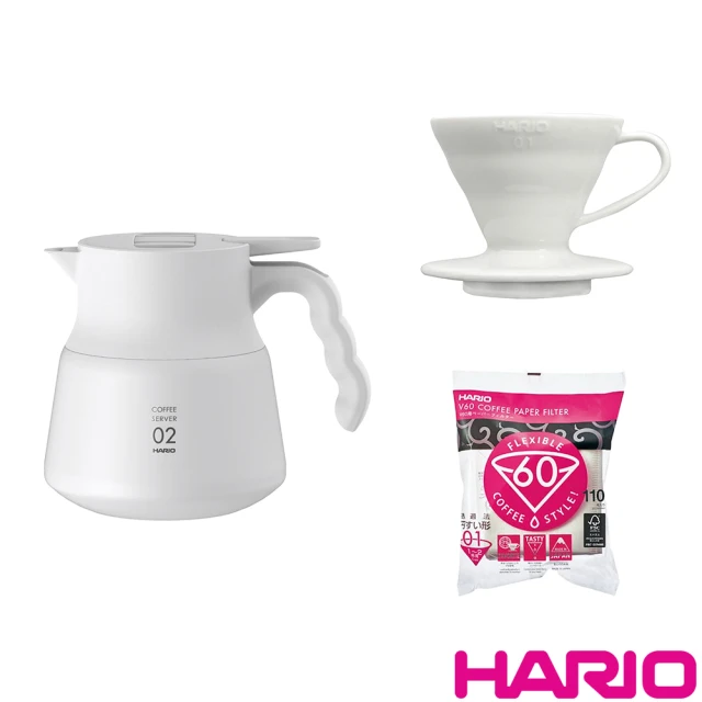 HARIO V60不鏽鋼保溫咖啡壺白色PLUS+V60磁石01濾杯+濾紙