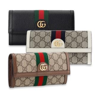 【GUCCI 古馳】523153 / 719886 經典Ophidia GG 印花綠紅綠織帶皮革飾邊對開錢包長夾(顏色任選)