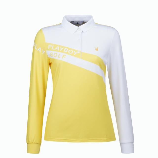 【PLAYBOY GOLF】女款斜體LOGO長袖POLO衫-黃(吸濕排汗/蓄熱保溫/高爾夫球衫/KA21206-35)