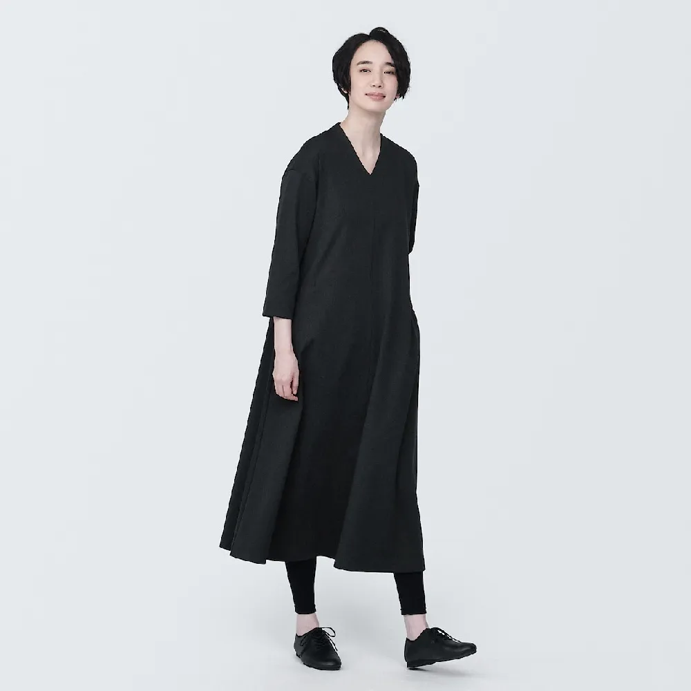 【MUJI 無印良品】女棉混二重織V領洋裝(共2色)