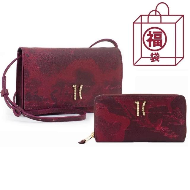 【Alviero Martini】福袋組 義大利地圖包 優雅側背包+12卡長夾福袋組(地圖酒紅)