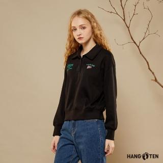 【Hang Ten】女裝-韓國同步款-內刷毛保暖POLO領印花短版大學T(黑)