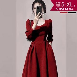 【艾美時尚】中大尺碼女裝 洋裝 禮服 時尚優雅方領設計顯瘦連身洋裝。S-XL(2色.現貨+預購)