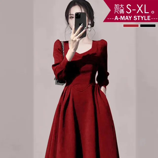 【艾美時尚】中大尺碼女裝 洋裝 禮服 時尚優雅方領設計顯瘦連身洋裝。S-XL(2色.現貨+預購)