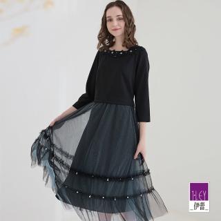 【ILEY 伊蕾】魅力花朵方領拼接網紗假兩件洋裝(黑色；M-XL；1223077060)
