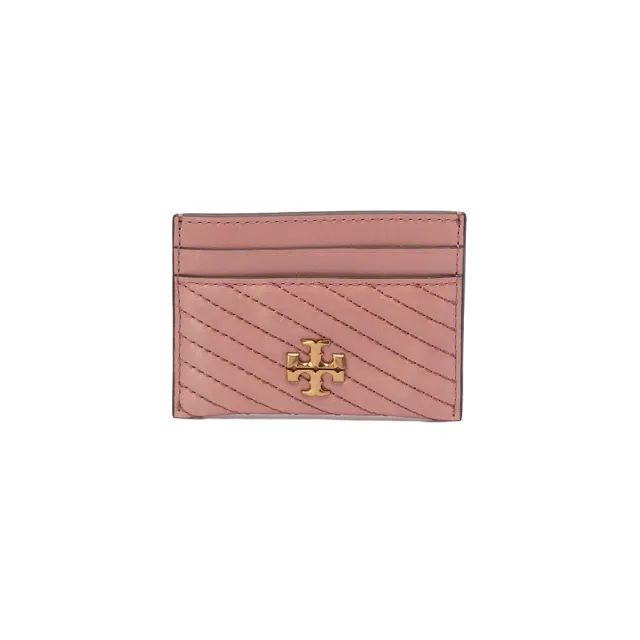 【TORY BURCH】Kira Moto縫線仿舊設計金屬LOGO卡夾(粉色)