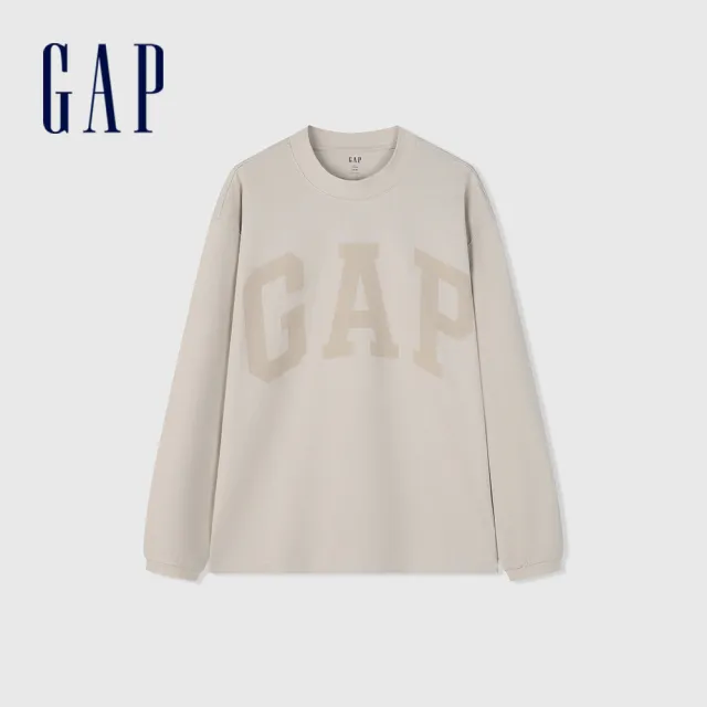 【GAP】男裝 Logo純棉圓領長袖T恤-灰白色(452532)