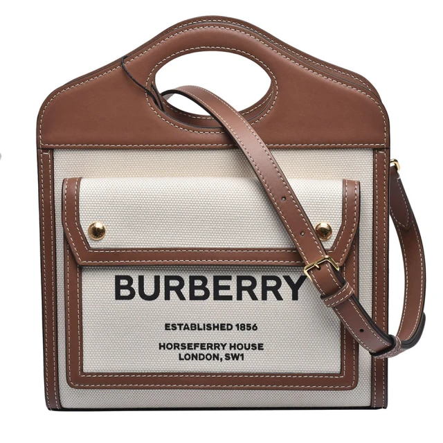 BURBERRY 巴寶莉BURBERRY 巴寶莉 Louise標誌圖案帆布皮革飾邊手提/斜背口袋包(迷你-棕色8031746)
