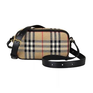 【BURBERRY 巴寶莉】Burberry VINTAGE經典格紋帆布皮革背帶雙拉鍊斜背胸揹包(米x黑)