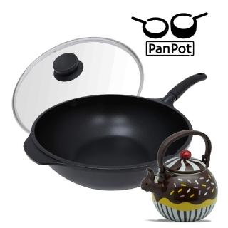 【PANPOT】日本32CM單柄炒鍋+可愛茶壺1.5L(電磁爐可)