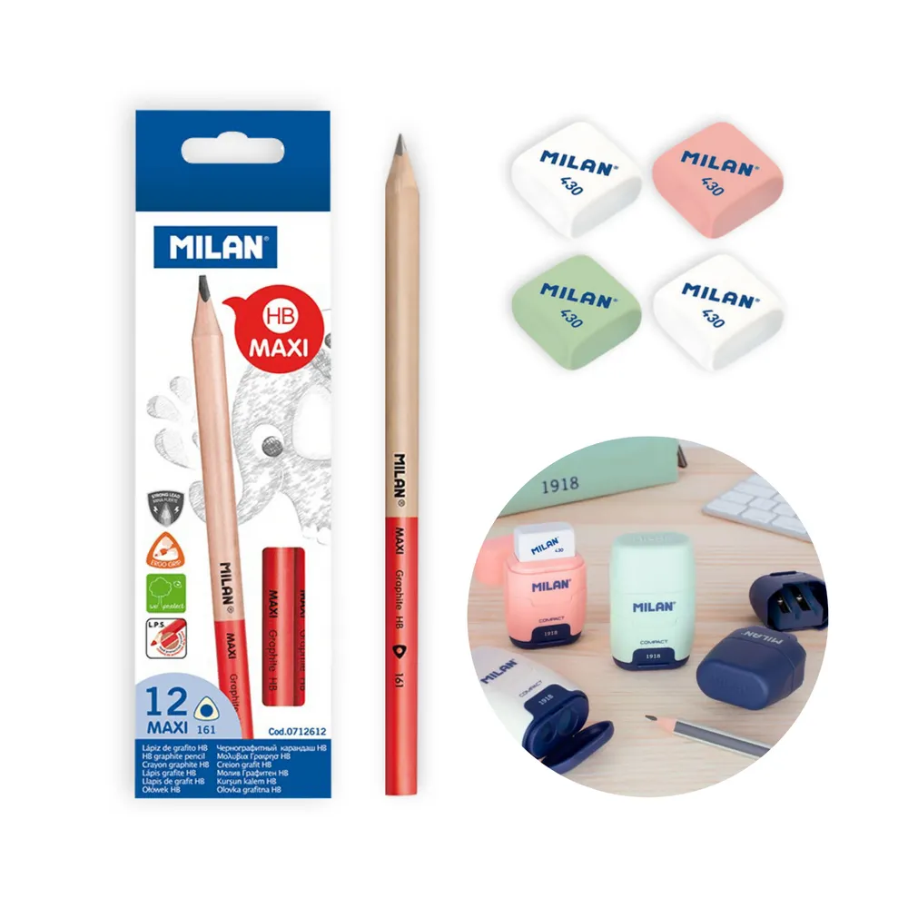 【MILAN】多款可選_學齡前粗三角鉛筆2盒+雙孔橡皮擦削筆器1個(含補充橡皮擦430_4入)