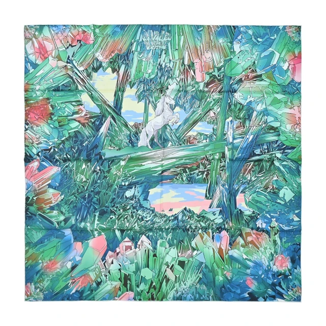 【Hermes 愛馬仕】La Vallee de Cristal 90 cm手工捲邊斜紋真絲方巾(亮綠/粉紅/藍)