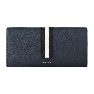 【BALLY】BALLY TONGY銀字LOGO防刮牛皮10卡對折長夾(深藍x黑白條紋)