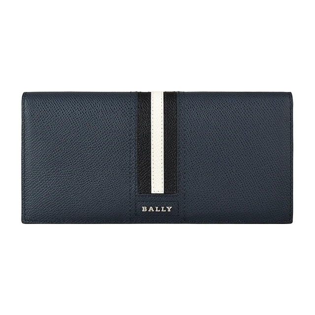 BALLY BALLY TONGY銀字LOGO防刮牛皮10卡對折長夾(深藍x黑白條紋)