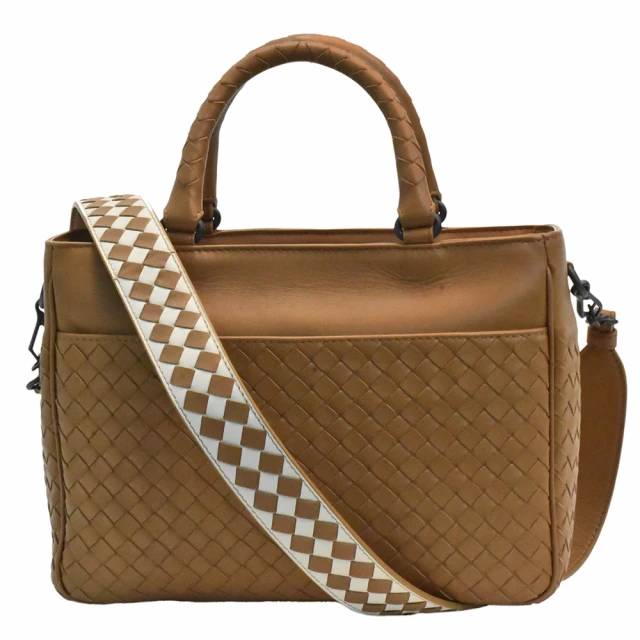 BOTTEGA VENETA 寶緹嘉 經典編織小牛皮撞色背帶手提/肩背包(棕214728-BEIGE)