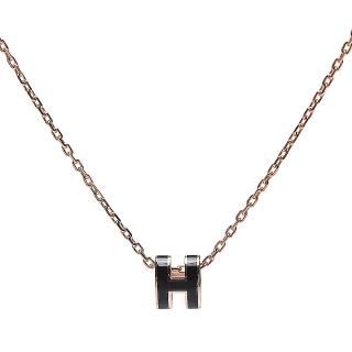 【Hermes 愛馬仕】經典Pop H立體簍空橢圓LOGO項鍊(小 黑/玫瑰金H147992F-BLK-ROSE)
