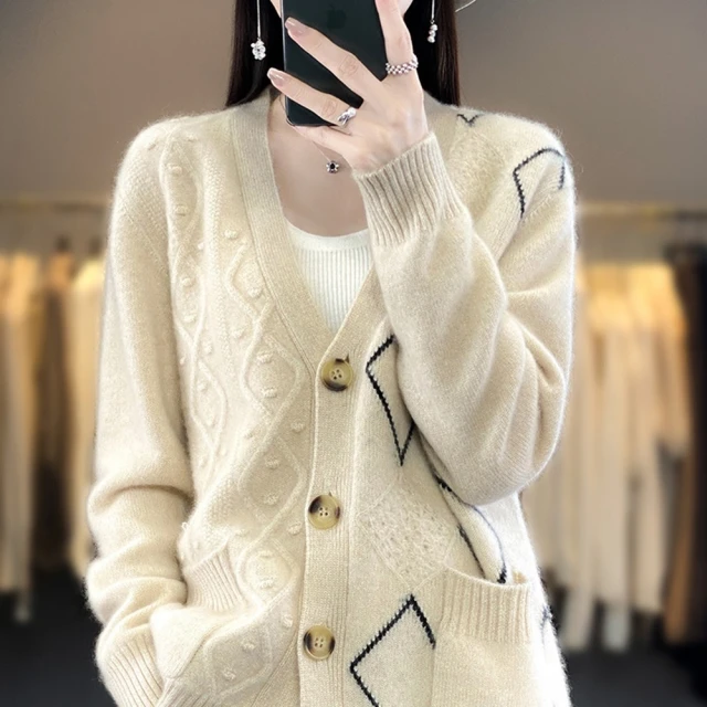 米蘭精品 羊毛衫針織外套(V領雙菱紋長袖女外套2色74hk1