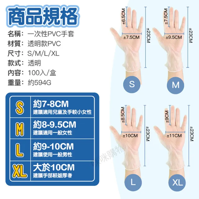 【咪咪購物】一次性PVC手套｜100入(無粉PVC手套 透明手套 無粉手套 染髮手套 按摩手套 拋棄式手套 手套)