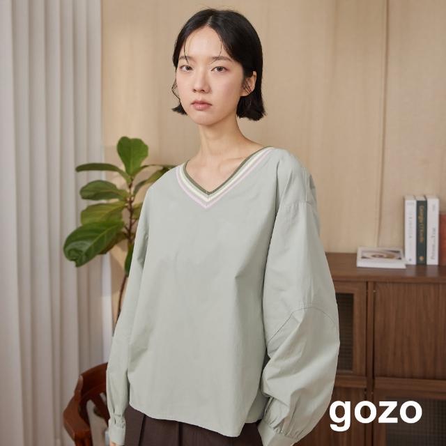 【gozo】小澎袖學院風V領長袖上衣(兩色)