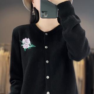 【米蘭精品】現貨+預購 100%羊毛 羊毛衫針織外套(保暖刺繡玫瑰開衫長袖女外套4色74hk64)