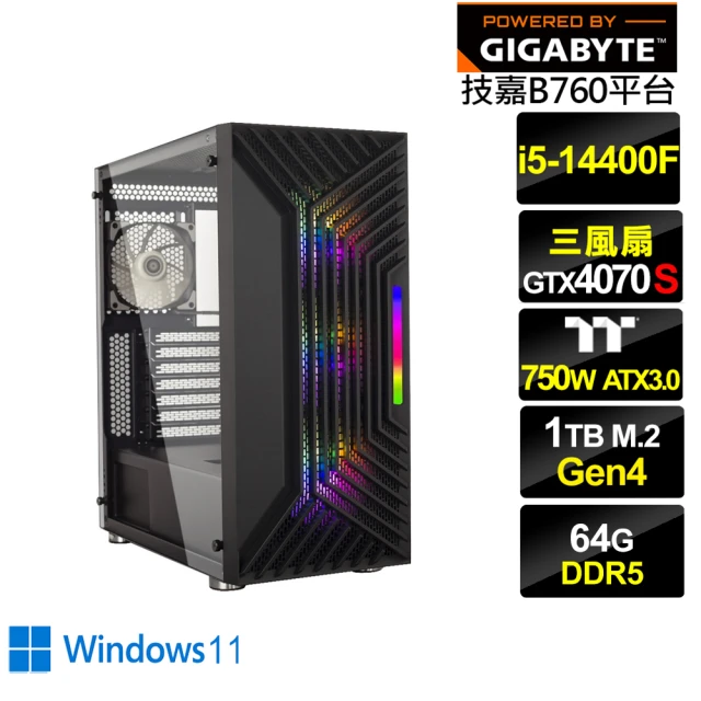 技嘉平台技嘉平台 i5十核GeForce RTX 4070S Win11{燎原先鋒W}電競電腦(i5-14400F/B760/64G/1TB)