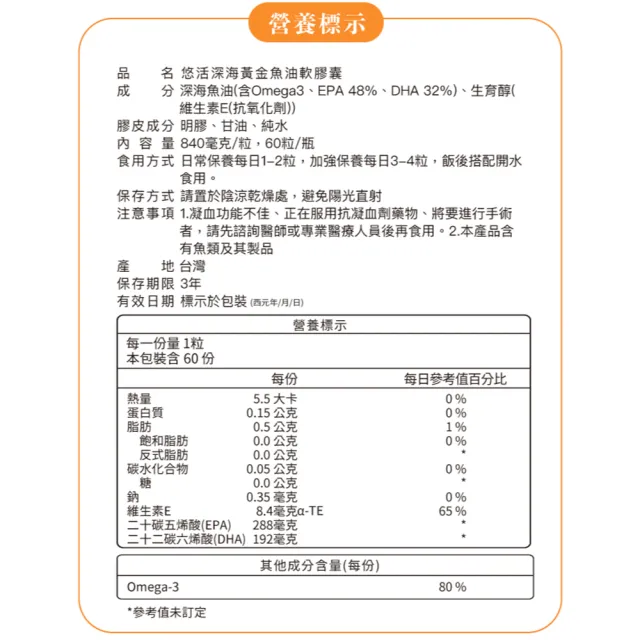 【悠活原力】悠活80%深海黃金魚油軟膠囊 2瓶組(60粒/瓶)