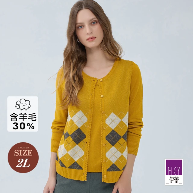 ILEY 伊蕾 雙色菱格緹織混羊毛假兩件針織上衣(黃色；M-2L；1234455404)