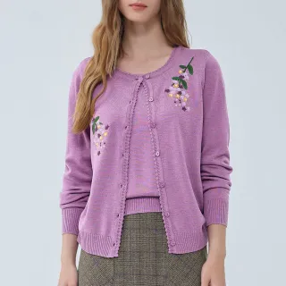【ILEY 伊蕾】花漾車繡混羊毛假兩件針織上衣(紫色；M-2L；1234455406)