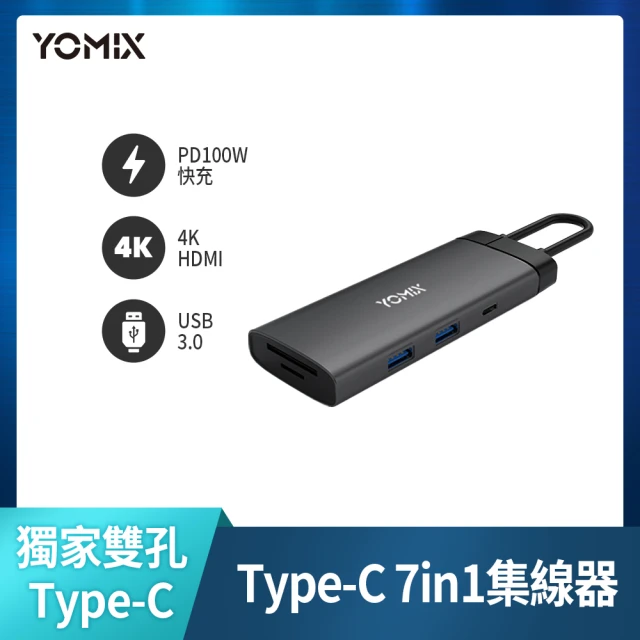 【YOMIX 優迷】MA-7 Type-C 七合一可攜帶式多功能hub傳輸擴充集線器(100W PD快充/USB3.0高速傳輸/4K HDMI)