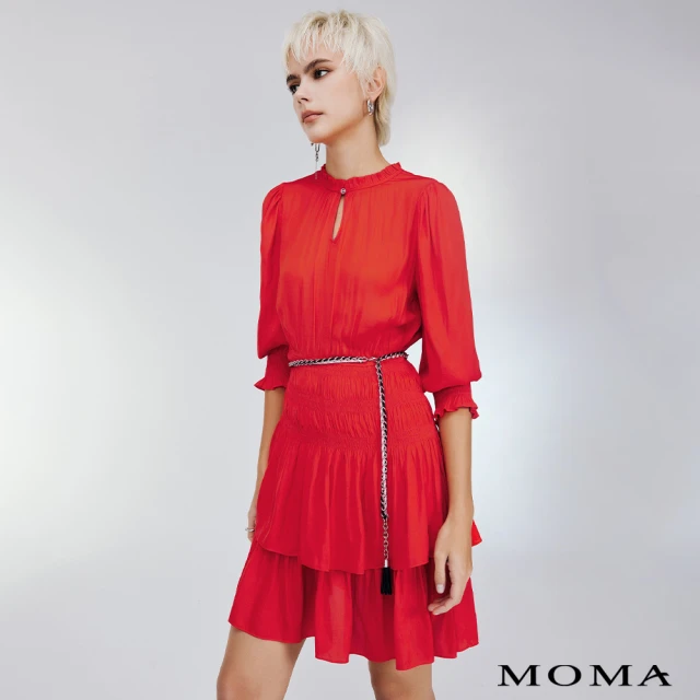 MOMAMOMA 優雅絲光緞面縮褶洋裝(紅色)
