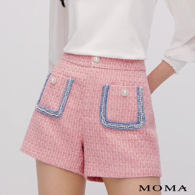 MOMA 牛仔拼接粉色花呢水鑽小香短褲(粉色)