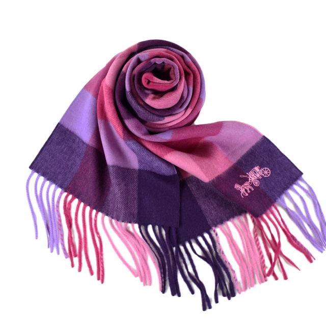 COACH 刺繡馬車格紋流蘇圍巾-粉紫