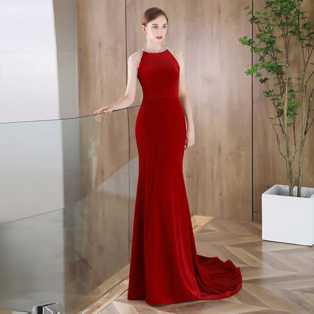【女神婚紗禮服】典雅珍珠香肩美背魚尾晚禮服PLGZ-2202酒紅色(喜氣敬酒宴會 拉鍊款晚禮服)