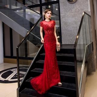 【女神婚紗禮服】婚禮高貴氣質時尚氣場敬酒魚尾禮服PLGZ-073紅色(婚禮喜宴 魚尾媽媽服 拉鍊款)