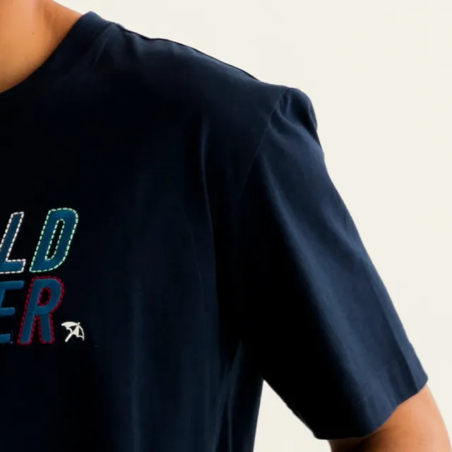 【Arnold Palmer 雨傘】男裝-撞色拼接字母刺繡T恤(深藍色)