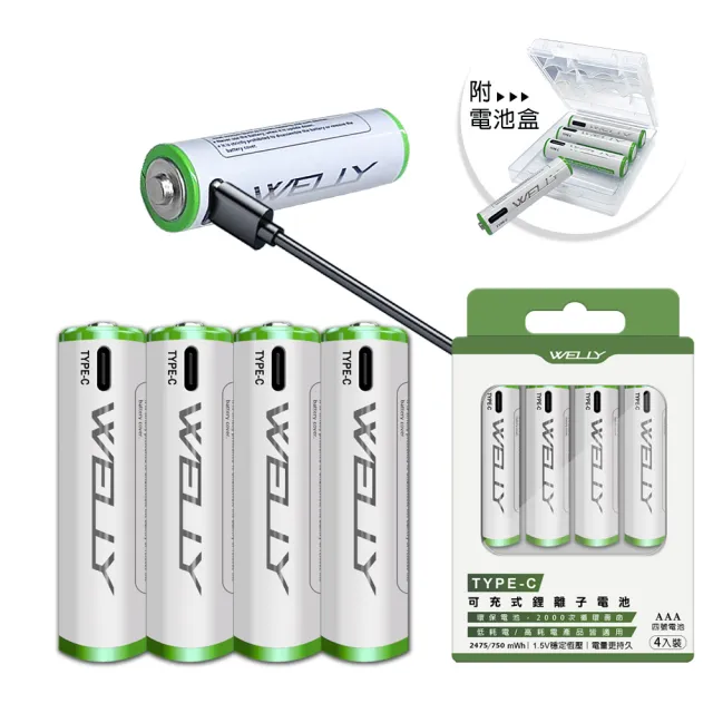 【WELLY認證版】新型Type-C孔 750mWh USB可充式 鋰離子4號AAA充電電池-一卡4入裝(附電池盒)
