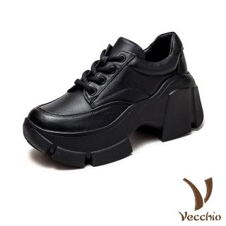 【Vecchio】真皮休閒鞋 厚底休閒鞋/真皮頭層牛皮復古厚底純色百搭休閒運動鞋(黑)