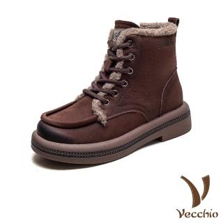 【Vecchio】真皮休閒鞋 高筒休閒鞋/真皮頭層牛皮復古立體滾邊保暖毛絨高筒休閒鞋(咖)