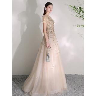【女神婚紗禮服】韓版輕奢釘珠鑲鑽短泡泡袖小禮服PLGZ-1329金色(主持人宴會 拉鍊款禮服)