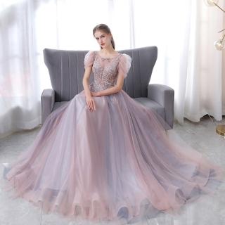 【女神婚紗禮服】高階漸層紫色U領鑲鑽公主泡泡袖Ａ字裙晚禮服PLGZ-1820(紫色公主泡泡袖 高階晚禮服)