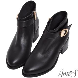 【Ann’S】奧莉薇雅-顯瘦斜口剪裁真皮小羊皮粗跟短靴5cm(黑)
