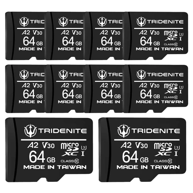 【TRIDENITE】MicroSDXC 64GB*10入 A2 V30 UHS-I U3 4K 攝影記憶卡-附轉卡(日本原廠直營)