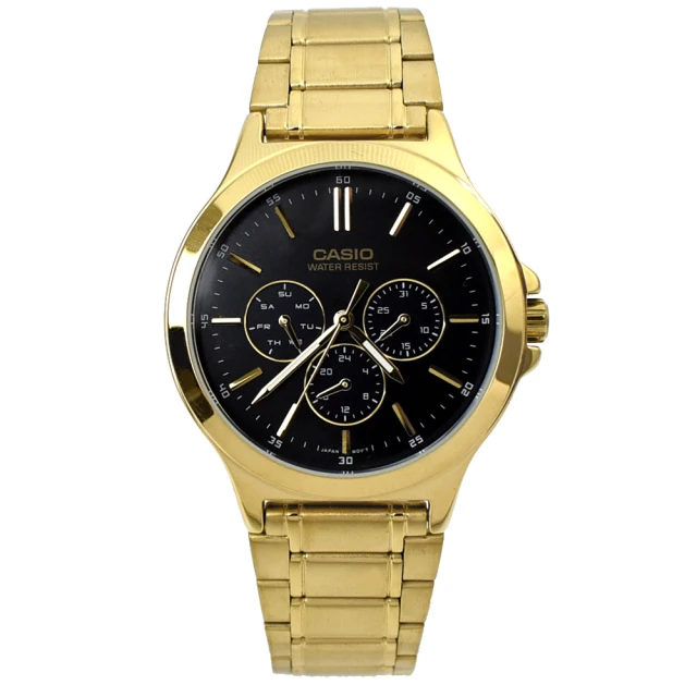CASIO 卡西歐 CASIO手錶 金色黑面三眼鋼錶(MTP-V300G-1AUDF)