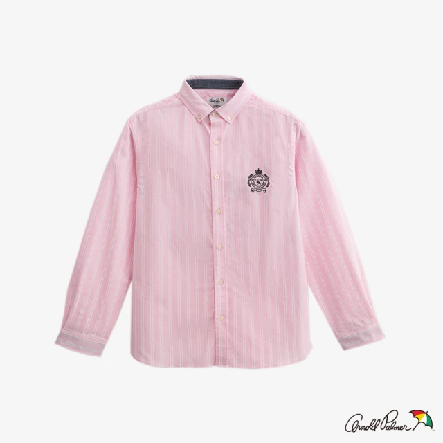 Arnold Palmer 雨傘 男裝-學院風LOGO刺繡條紋長袖襯衫(粉紅色)