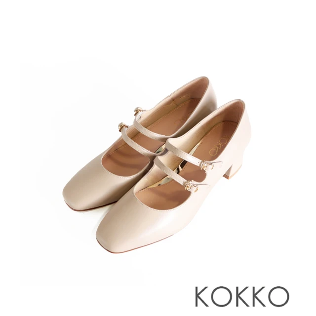 KOKKO 集團 復古優雅柔軟綿羊皮雙繫帶粗跟瑪莉珍鞋(駝灰色)
