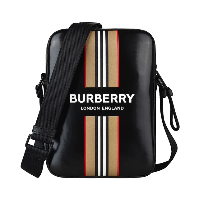 BURBERRY 巴寶莉 BURBERRY白字LOGO滑面帆布條紋印花設計拉鍊斜背包(黑)