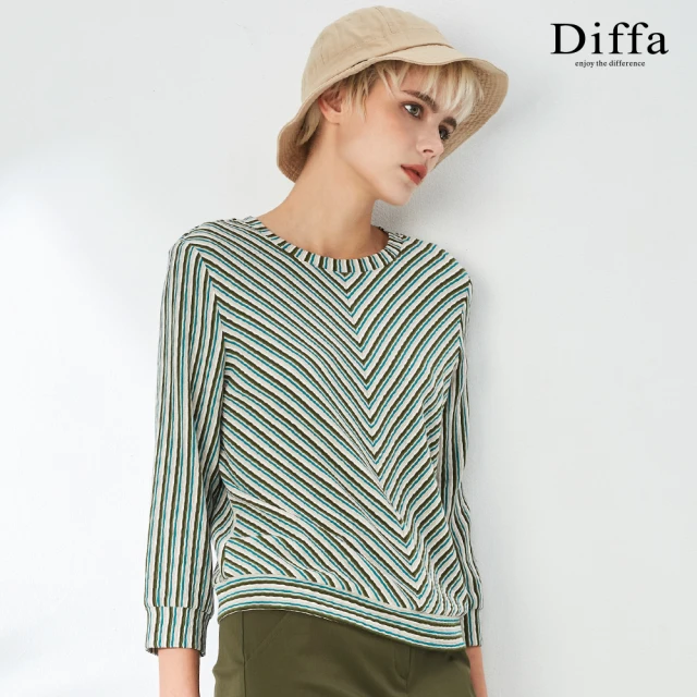 Diffa 美型剪裁綠條連袖針織衫-女 推薦