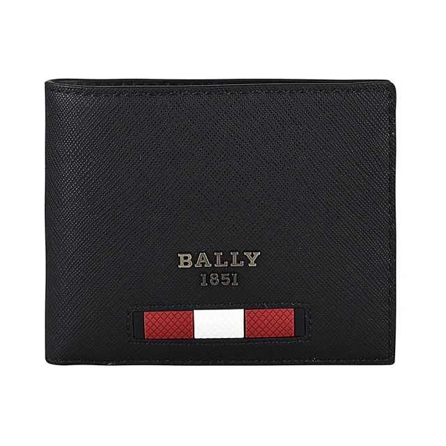 BALLY BALLY BEYVE經典灰字LOGO紅白紅橡膠條紋防刮牛皮6卡對折短夾(黑)